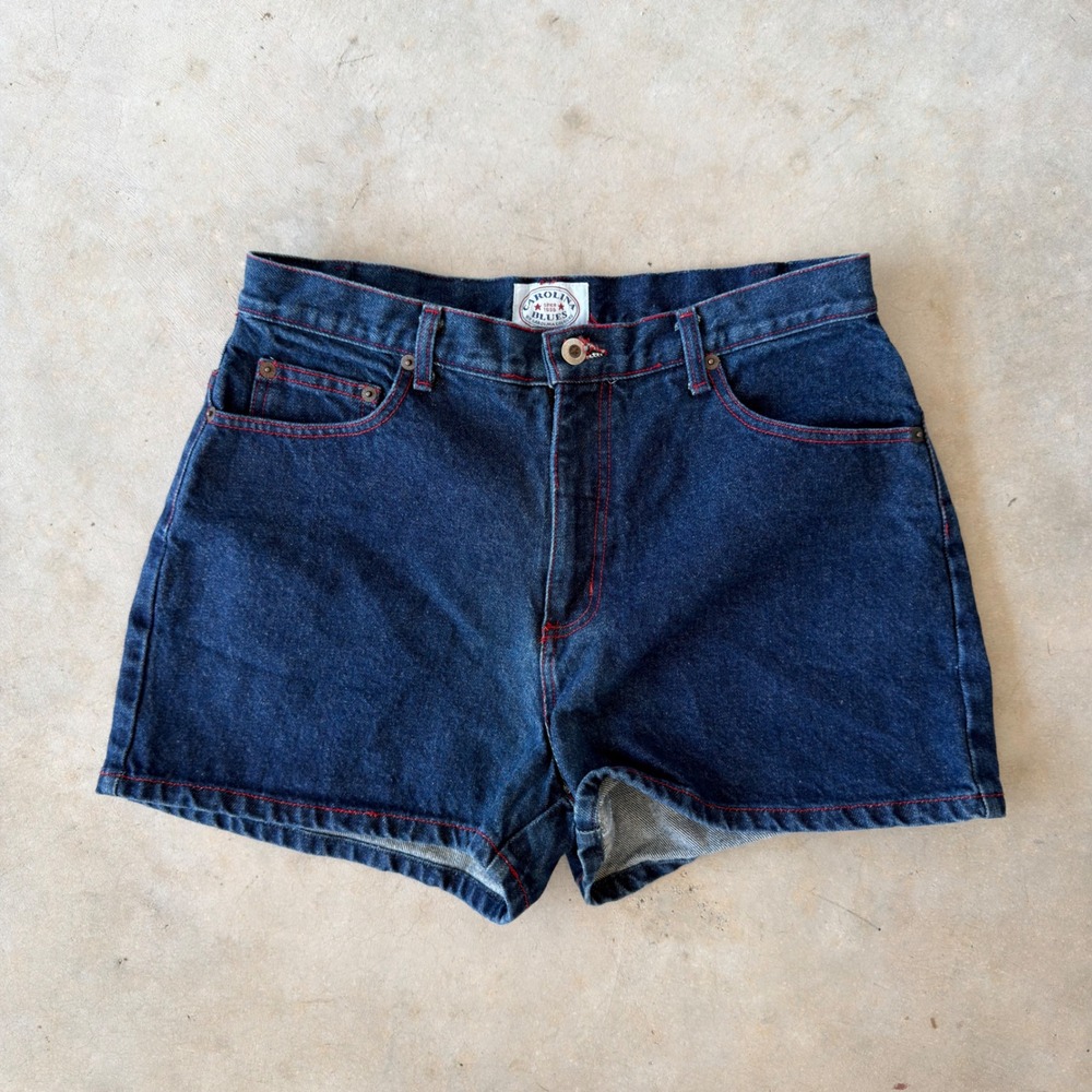 Carolina Blues Vintage High Waisted Denim Shorts Dark Wash Red Stitching Size 12